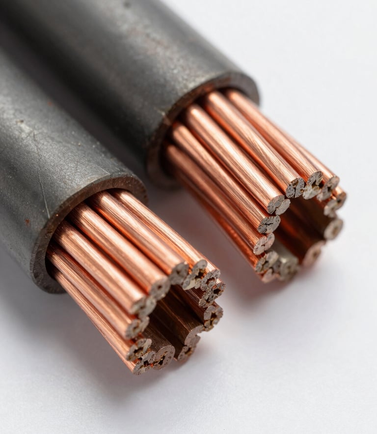 Macro close-up of heavy-duty copper wire cross-sections and industrial armored cabling, clean studio lighting, high-contrast details