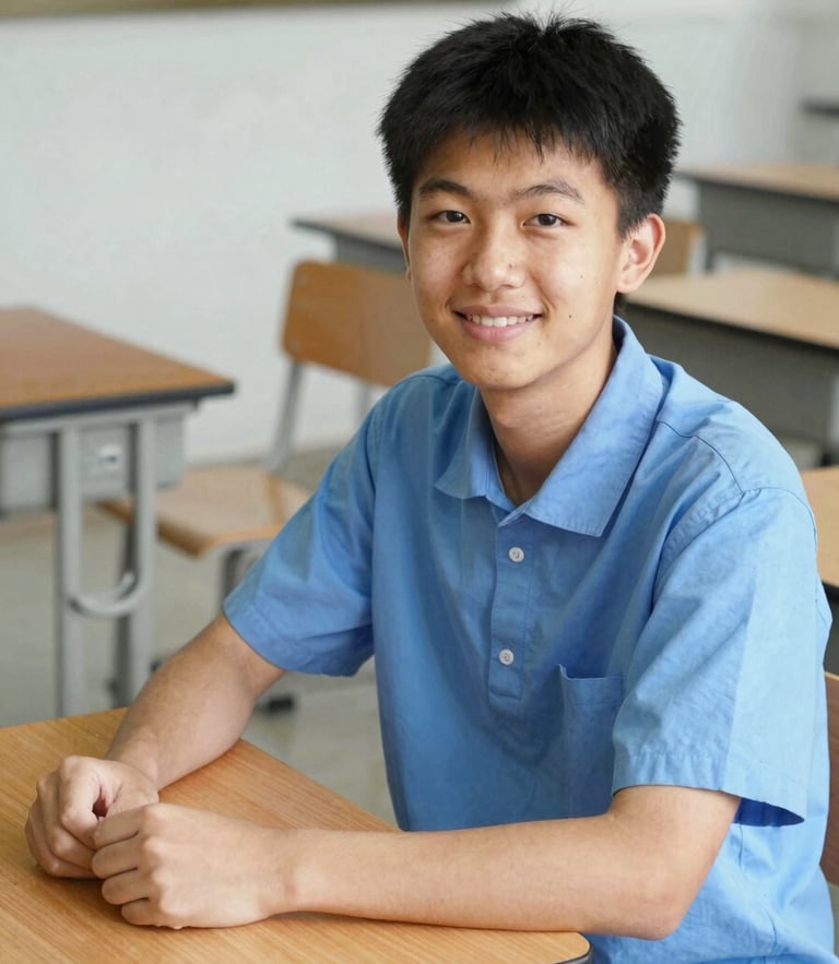 Bright natural daylight photograph of a student in a clean blue uniform smiling next to a wooden desk, 35mm honest documentary style