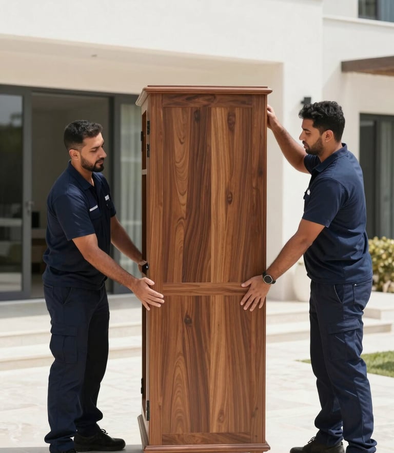Crisp documentary shot of a professional moving crew in clean navy uniforms carefully wrapping a high-value wooden cabinet inside a bright UAE villa.