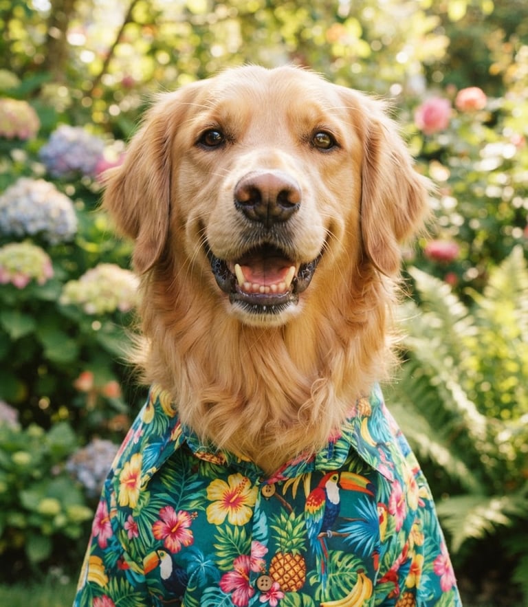 Eye-level close-up of a happy golden retriever wearing a colorful tropical print shirt, bright natural daylight, soft focus garden background