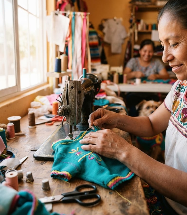 Bright natural light photography of a cheerful family workshop in Celaya, hands carefully sewing a colorful teal pet shirt, warm Guanajuato daylight, soft focus background, 35mm