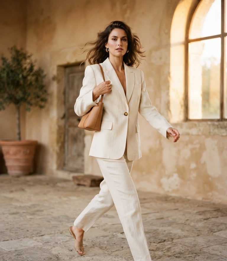 A professional fashion model in a structured cream linen blazer, captured in motion against a warm beige architectural backdrop, soft golden-hour window light, 35mm