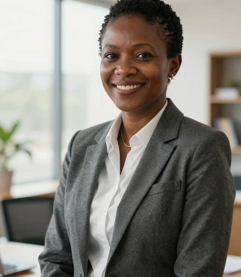 Dignified portrait of a Cameroonian business owner smiling in a bright office, natural daylight, soft focus on background, high-end editorial feel.