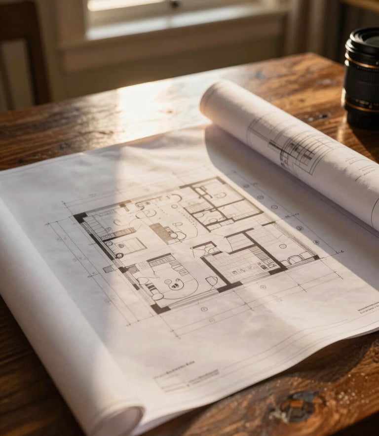 Elegant close-up of architectural blueprints on a dark wooden table, warm golden-hour sunlight streaming through a window, 35mm lens