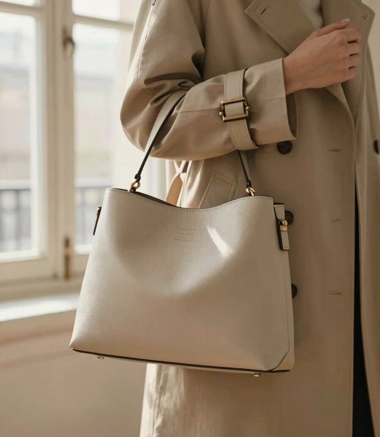 Warm editorial photography of a woman in a structured beige trench coat holding a minimalist leather bag, soft morning light in Paris, shallow depth of field, 35mm.