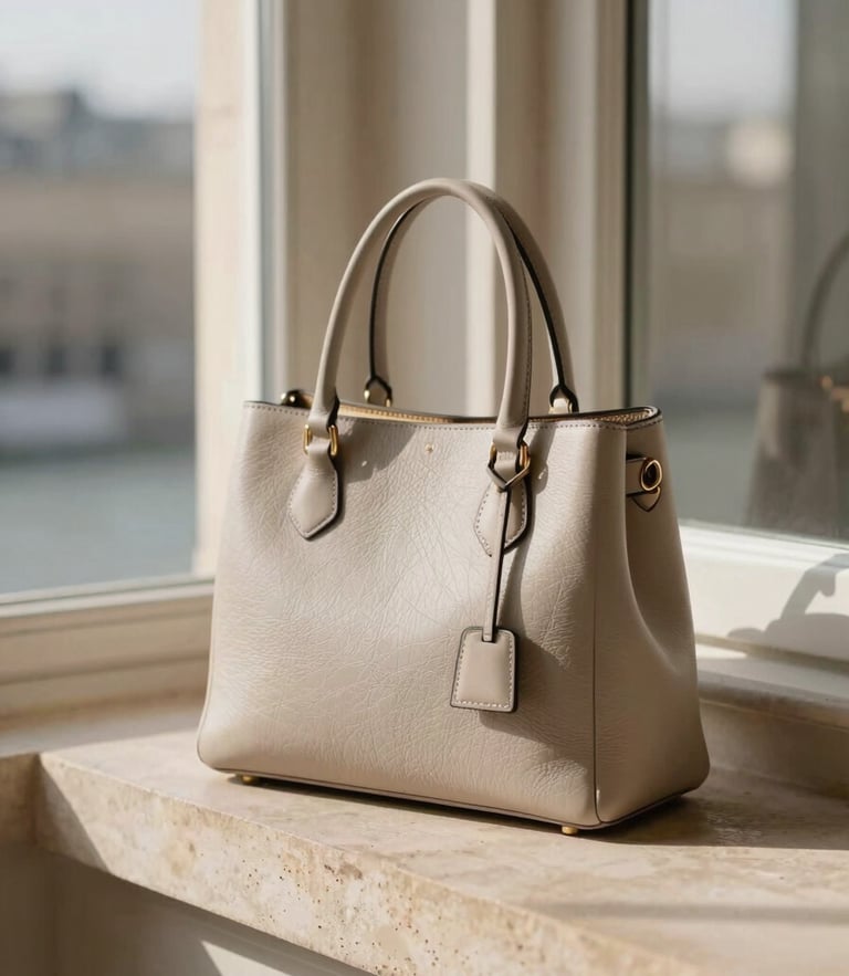 A close-up of a structured leather handbag resting on a sun-drenched stone ledge in Paris, soft morning shadows, shallow depth of field.