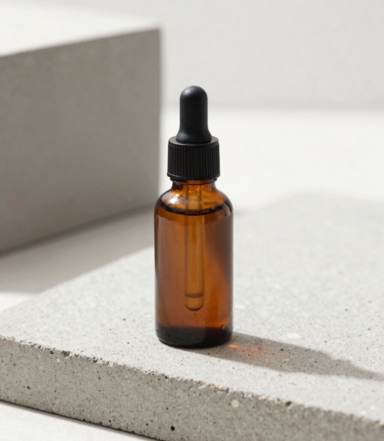 Minimalist dark amber peptide dropper bottle standing on a raw light grey concrete slab, bright diffused natural daylight, soft shadows, macro depth of field