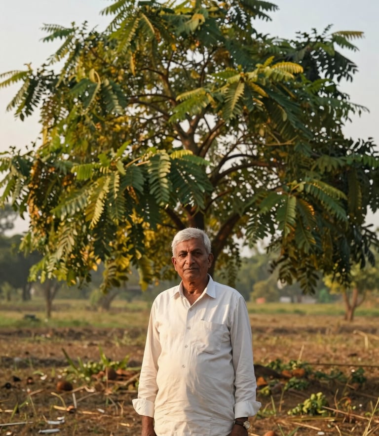 Authentic, unposed portrait of founder Narendra Singh standing among mature moringa trees at Chitawa Organic Farms, warm dawn light, 35mm