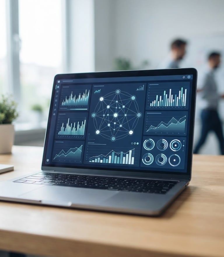 A clean minimalist laptop screen displaying a modern business analytics dashboard, bright natural daylight, cool navy tones, shallow depth of field
