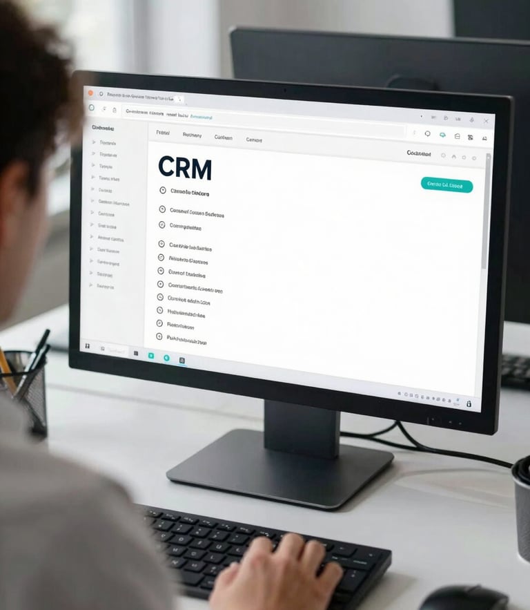 Over-the-shoulder view of a clean, modern workspace with cool neutral daylight, featuring a crisp CRM dashboard on a high-end monitor, focusing on technical precision.