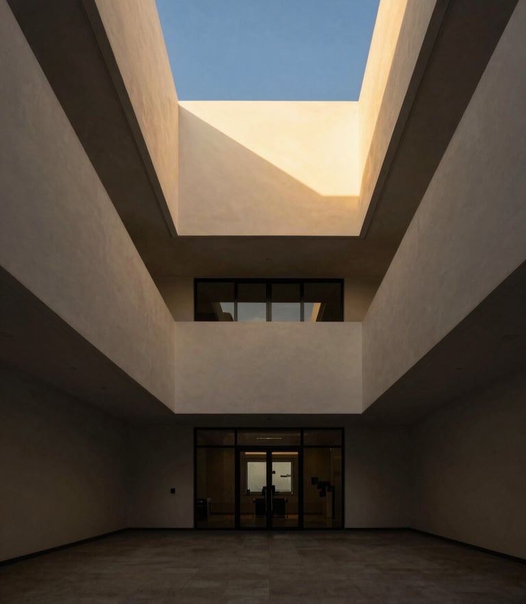 Symmetrical architectural shot of a minimalist modern office atrium in South Florida, warm golden hour light, clean geometric lines, quiet luxury.
