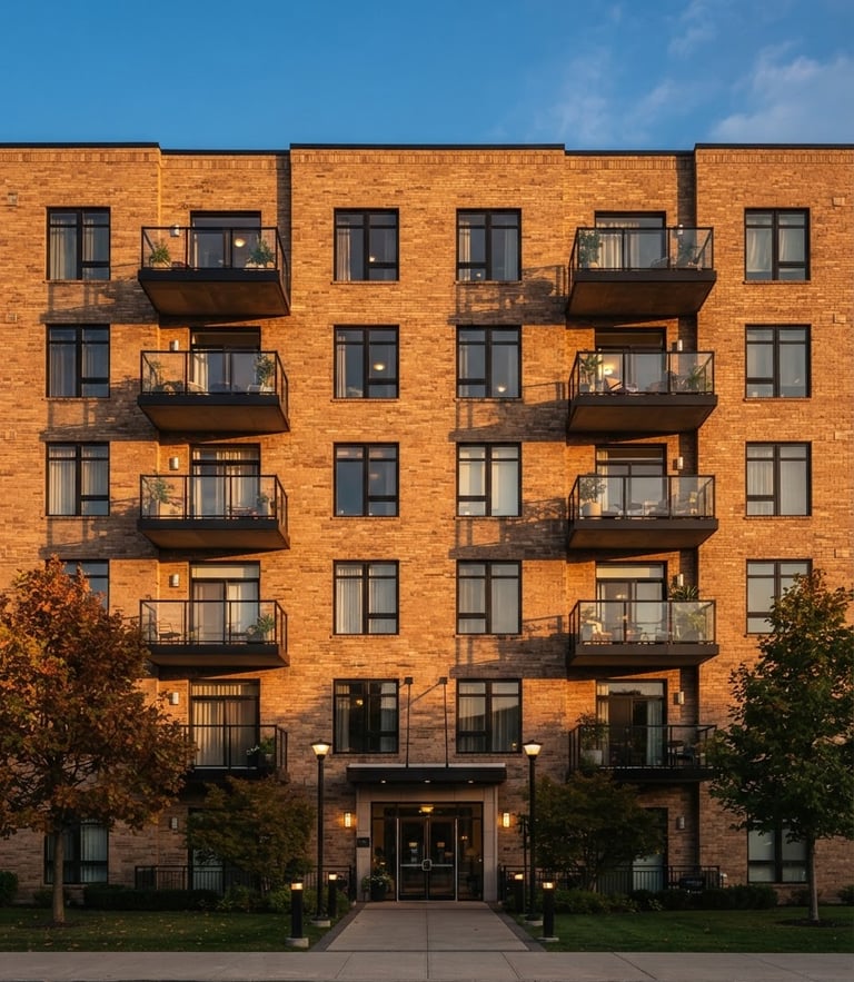 Symmetrical warm architectural photography of a modern residential brick building facade, golden-hour sunlight casting soft shadows, clean lines, 35mm lens