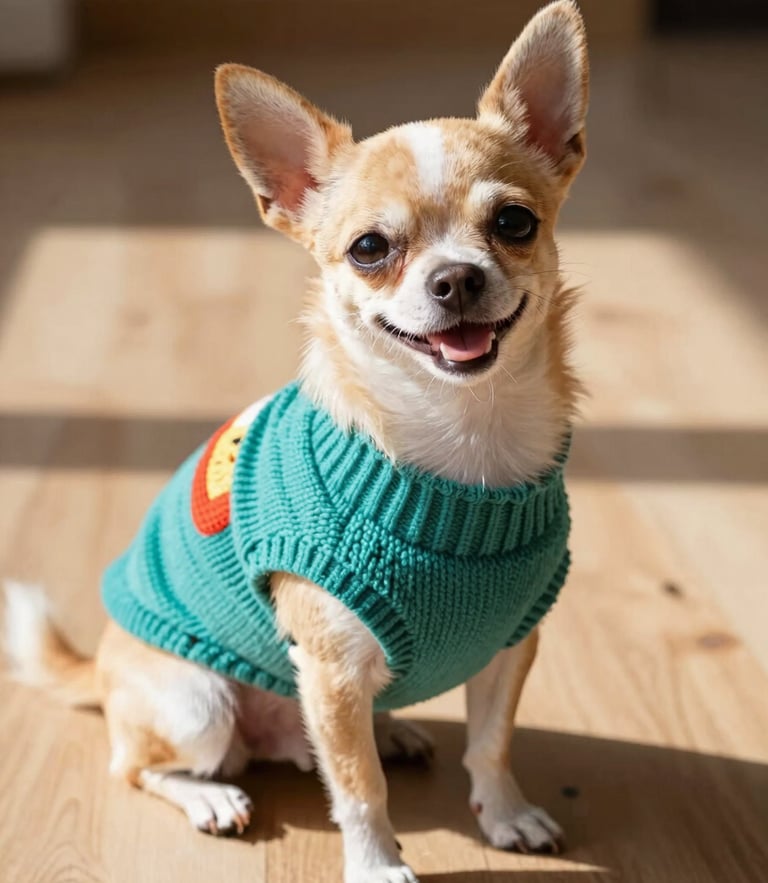 A happy small chihuahua dog wearing a colorful handmade teal sweater, sitting comfortably on a sunny wooden floor, bright natural daylight, shallow depth of field.