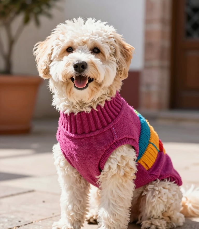 Bright natural light photography of a happy fluffy dog wearing a colorful hand-stitched magenta sweater, sitting in a sunny patio in Celaya, shallow depth of field, sharp focus on the garment, 35mm lens.