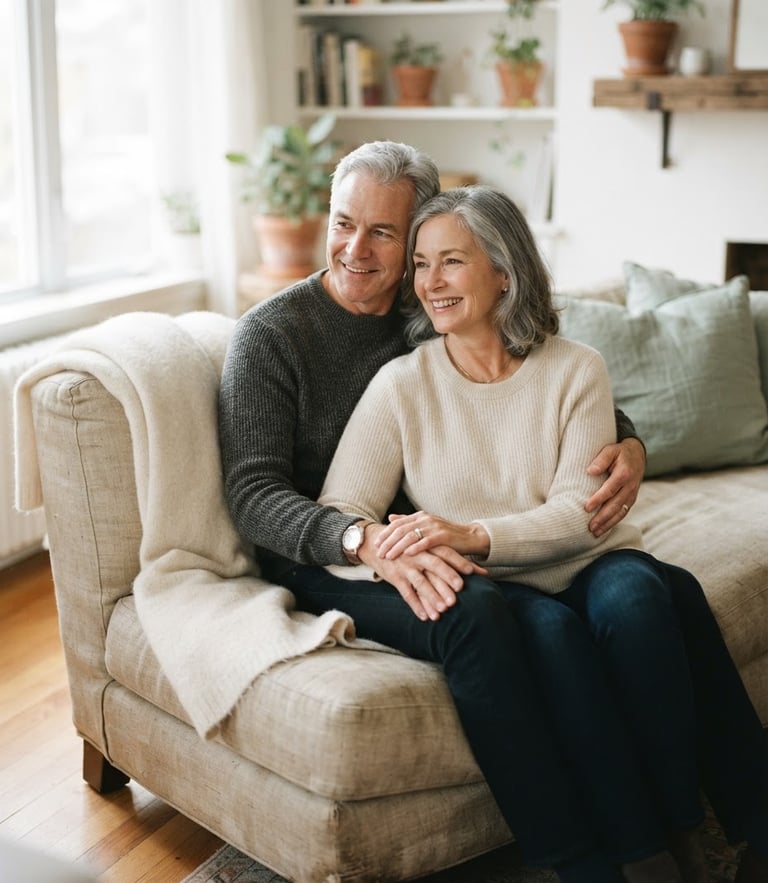 A mature couple sitting close on a warm beige sofa, soft natural window light, gentle touch of hands, shallow depth of field, warm editorial photography