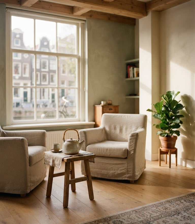 A warm, sunlit empty consultation room in Amsterdam with soft beige linen chairs, a small wooden table with a ceramic teapot, a green plant in the corner, soft natural window light, shallow depth of field, 35mm