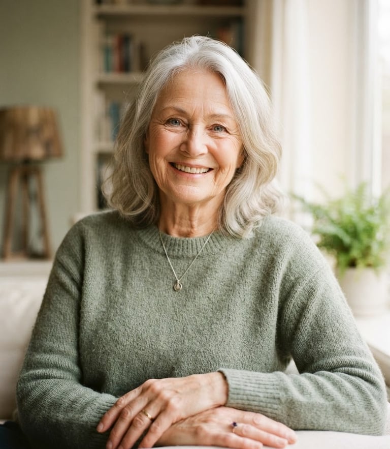 A warm, soft-lit portrait of a wise 67-year-old woman with gentle eyes and gray hair, smiling softly, natural window light, elegant cream background, 35mm