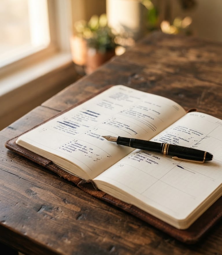 Close-up of an open paper planner with a classic fountain pen on a dark wooden table, soft morning light filtering through a window, warm tones