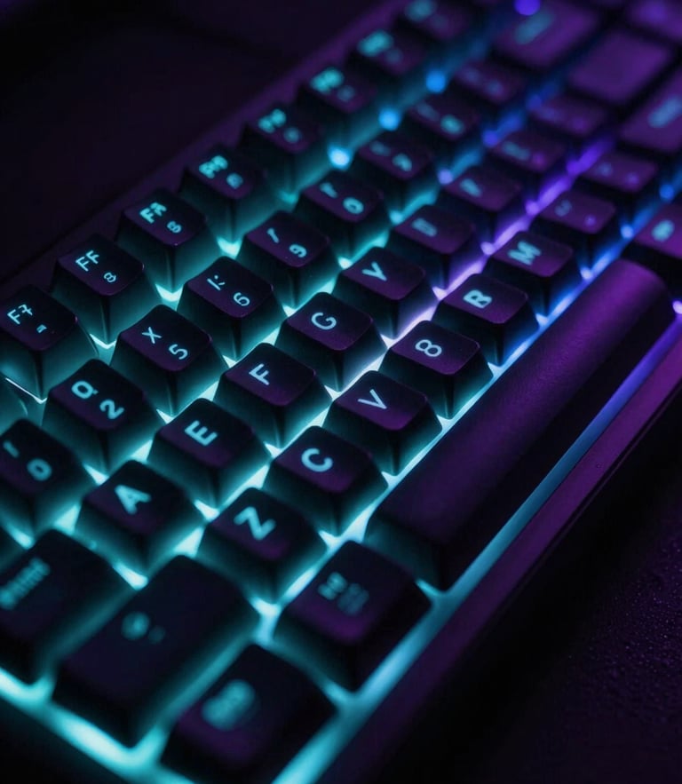 A macro shot of a mechanical keyboard in low light, glowing electric cyan and deep purple LED backlights, shallow depth of field, dark-mode UI photography