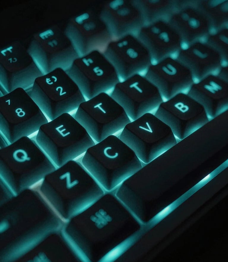 Macro shot of a mechanical keyboard in low light, glowing electric cyan LED backlight, shallow depth of field, high-contrast dark-mode UI photography