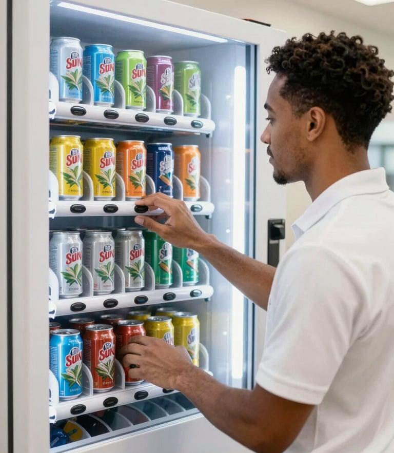 A friendly local technician in a clean polo shirt restocking a modern vending machine with colorful Hawaiian Sun cans, bright natural breakroom lighting, crisp details