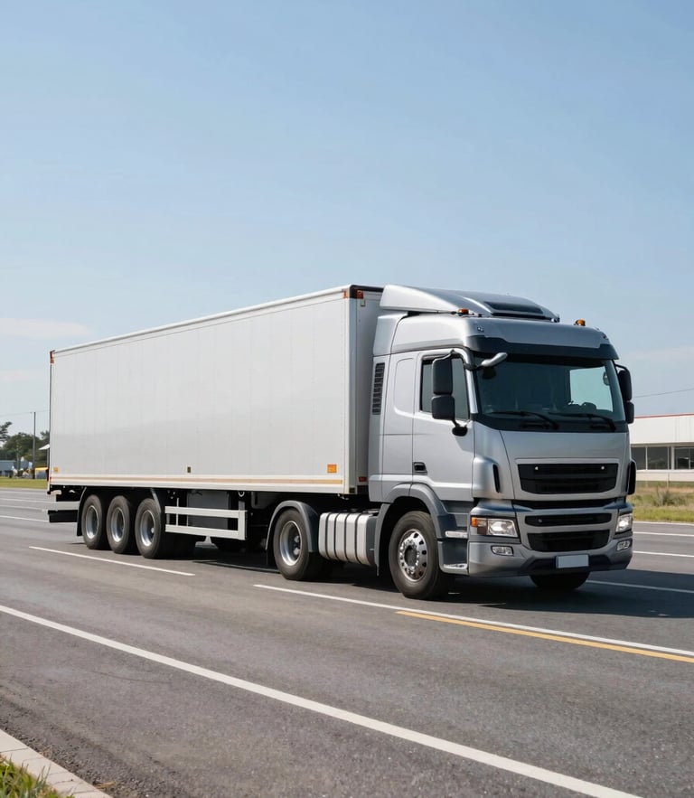 A professional multi-car carrier truck parked on a clean asphalt lot under bright daylight, crisp silver and blue tones, 35mm lens
