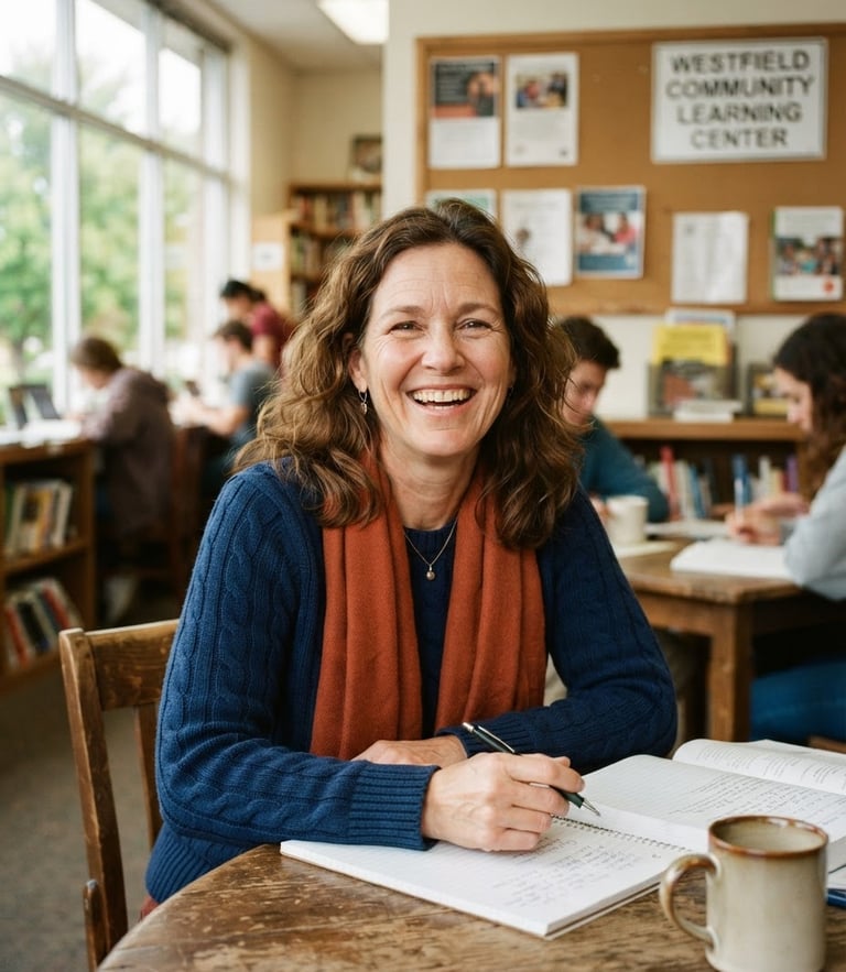 A warm editorial portrait of an adult student smiling in a brightly lit Indiana community learning center, natural window light, 35mm