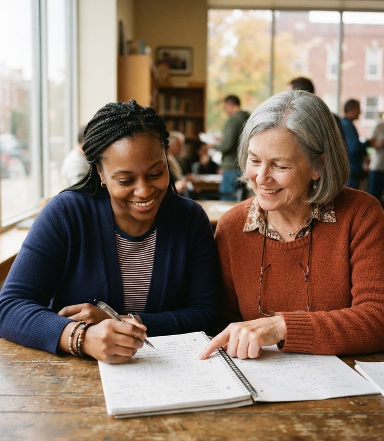 A warm close-up of a mentor and an adult learner reviewing a notebook together in a sunlit community center in Indiana, soft window light, natural expressions, 35mm