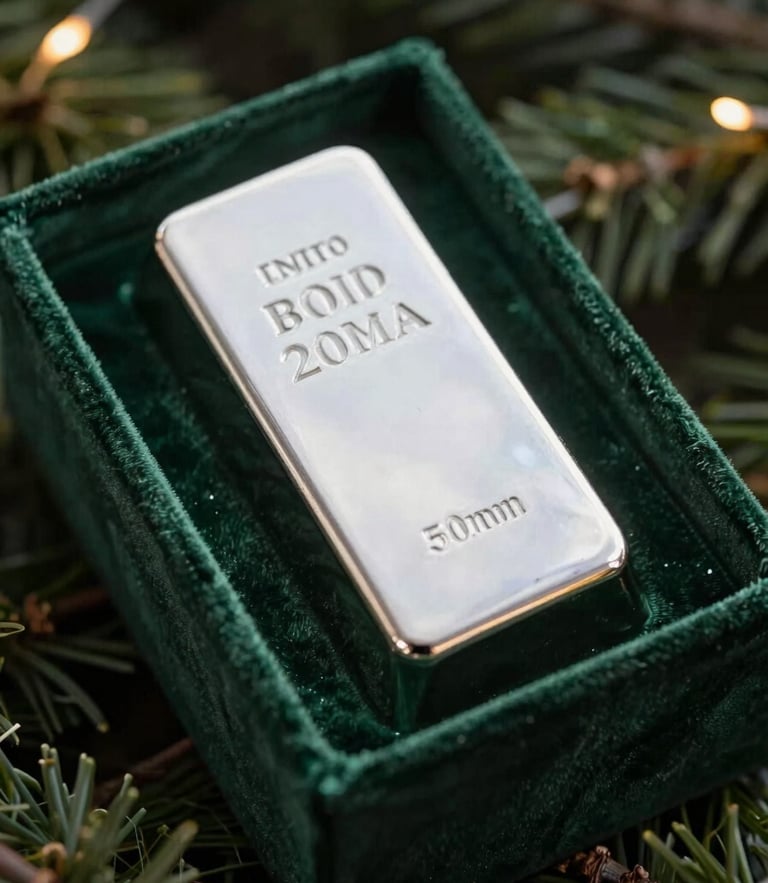 A close-up of a heavy, gleaming silver bar resting in a deep forest green velvet gift box, soft holiday ambient light catching the polished edges, 50mm lens