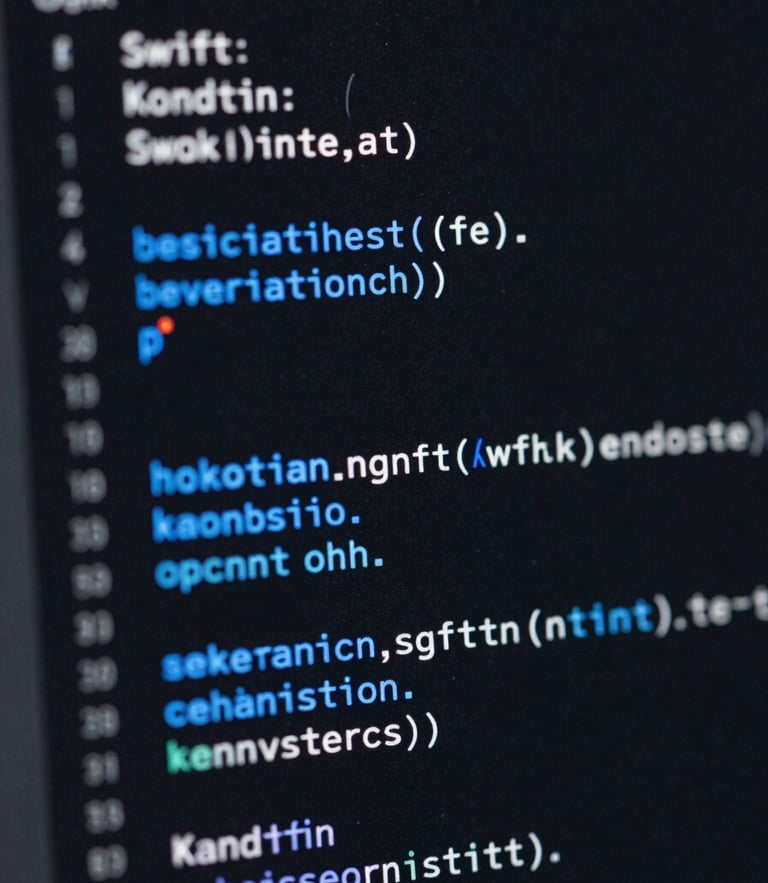 Macro close-up of a dark-mode IDE showing clean Swift and Kotlin code, sharp electric blue syntax highlighting, shallow depth of field, high contrast studio lighting.