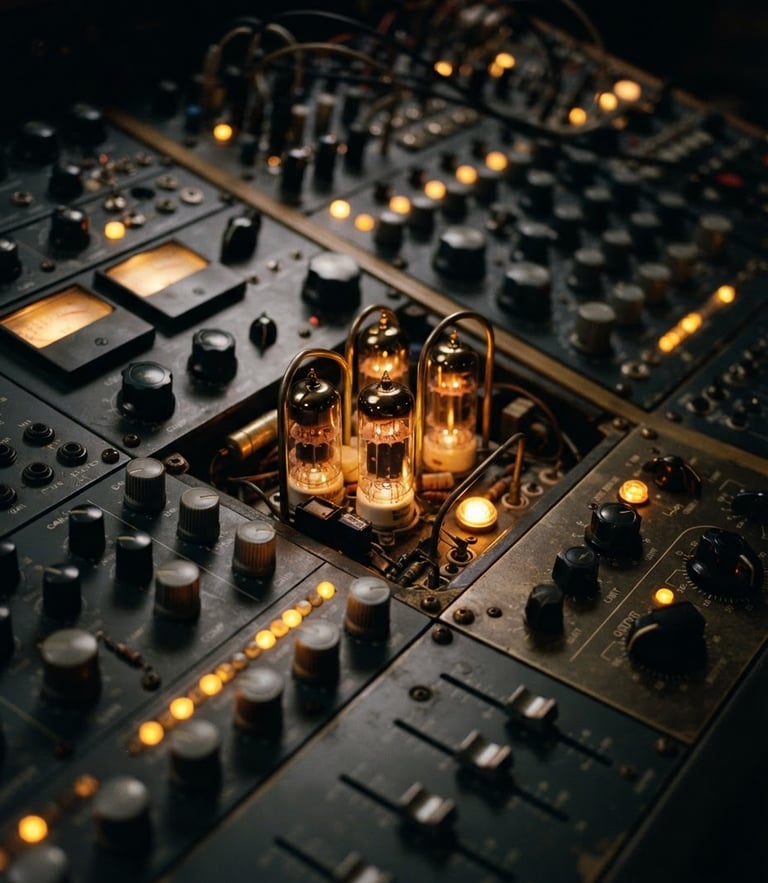 Macro close-up of a high-end analog mastering console, glowing gold vacuum tubes, warm amber indicator lights, deep slate gray faders, dramatic low-key studio lighting, 50mm lens