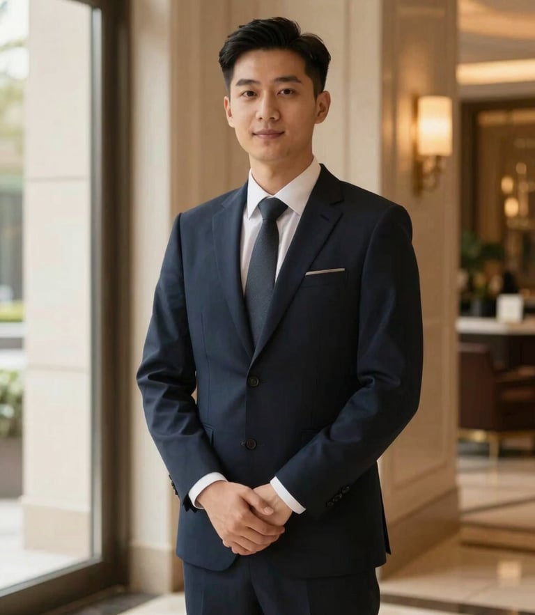 Elegant editorial portrait of a hospitality executive in a luxury hotel lobby, warm window light, deep navy and champagne gold tones, shallow depth of field, 35mm