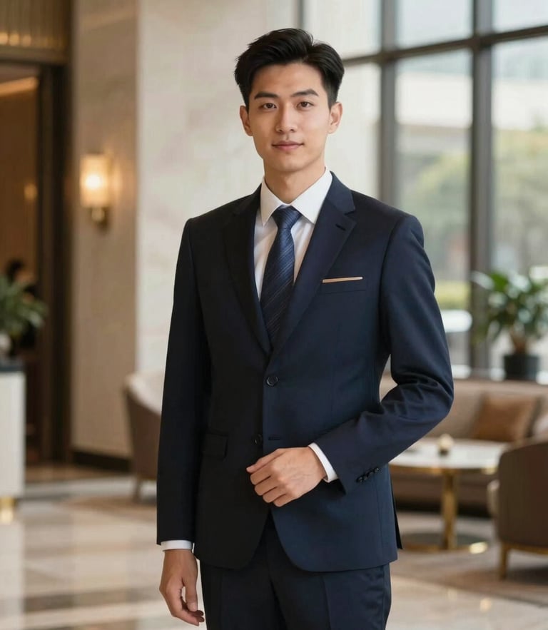 Elegant editorial portrait of a hospitality executive in a luxury hotel lobby, soft warm window light, deep navy tones, shallow depth of field, 35mm