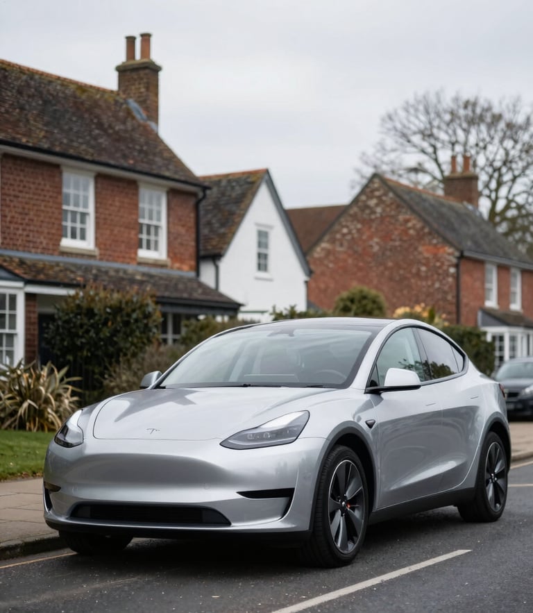 A clean silver modern sedan parked on a quiet Hampshire street, soft overcast daylight, sharp focus, 35mm