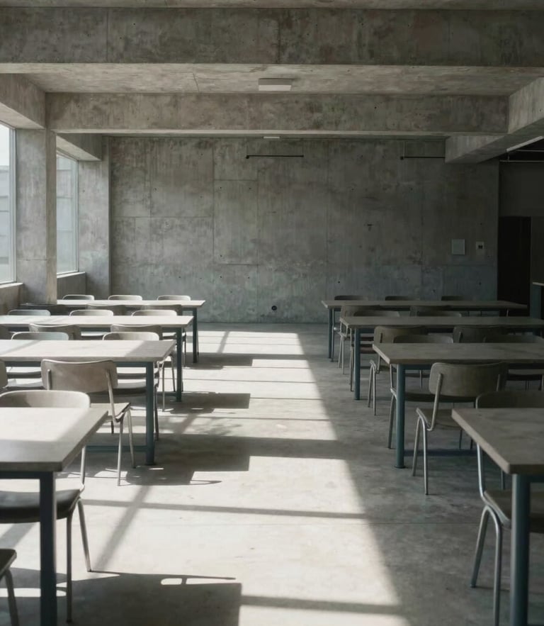 Strictly orthogonal framing of an empty, brutalist concrete dining hall, hard direct sunlight casting sharp geometric shadows across empty tables.