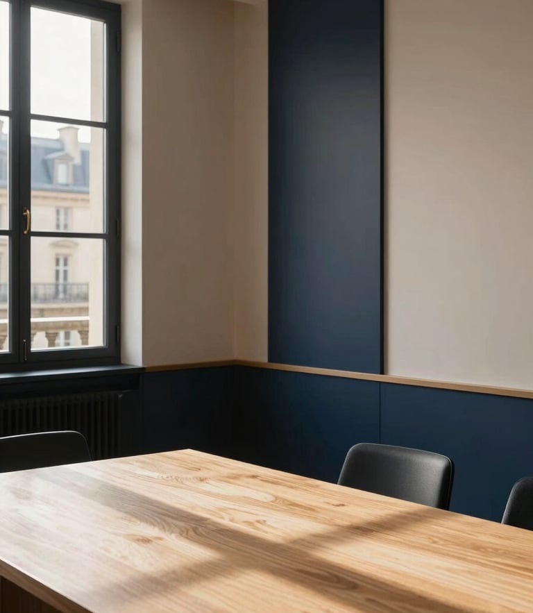 Elegant Parisian office interior with soft natural window daylight casting long shadows on a warm oak table, minimalist architectural lines, 35mm lens editorial style