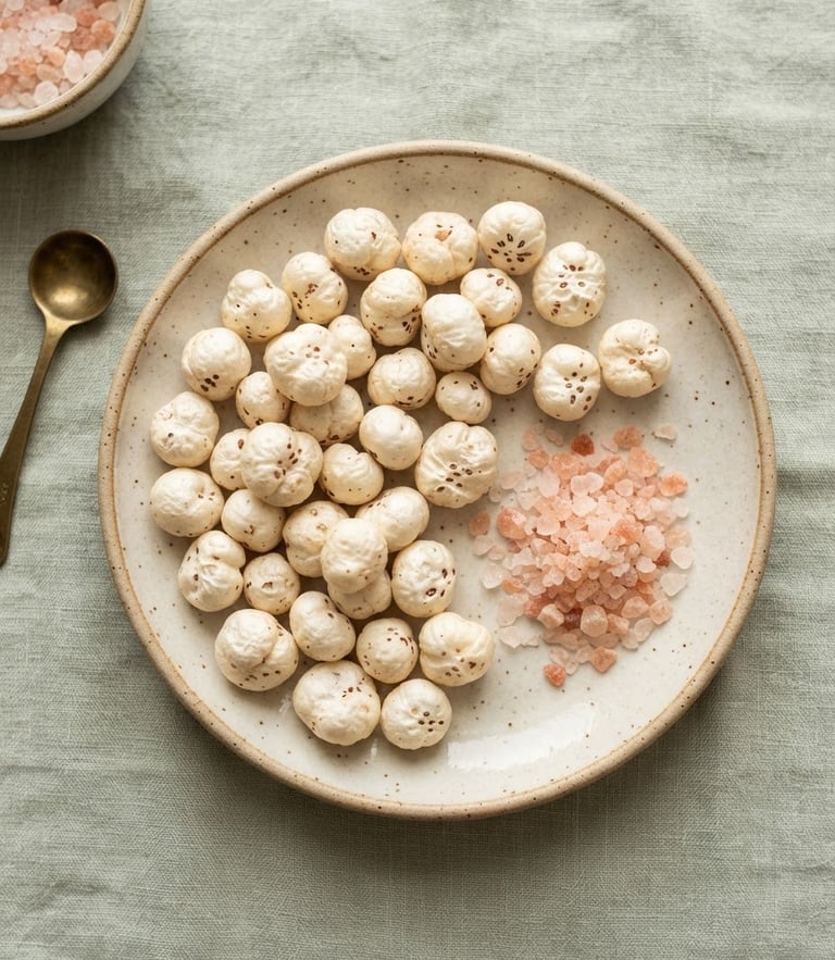 Top-down flat lay of raw makhana seeds and pure sendha namak crystals on a clean ceramic plate, soft natural morning light, shallow depth of field