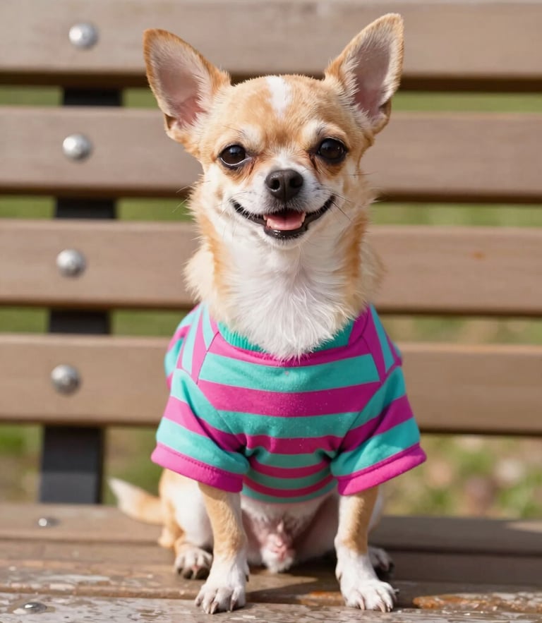 A happy small chihuahua wearing a colorful custom-tailored teal and magenta striped shirt, sitting proudly on a park bench, bright warm natural daylight, eye-level shot, 50mm