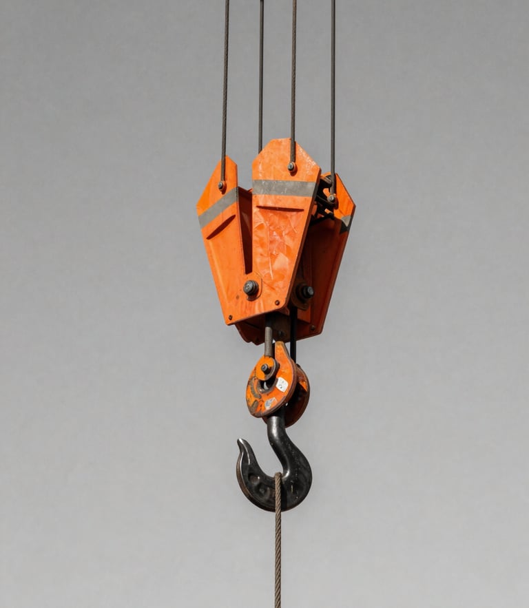Industrial documentary photography of heavy steel crane rigging hooks and wire rope slings under hard direct daylight, high-contrast desaturated tones with vivid high-vis safety orange accents.