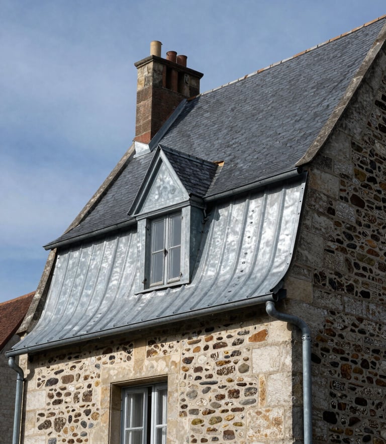 Détail d'une gouttière en zinc neuve parfaitement posée le long d'une corniche en pierre de taille d'une maison meulière, ciel clair du Val-de-Marne