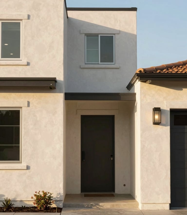Straight-on architectural shot of a modern San Diego home with clean lines, warm sand-toned stucco, and soft late afternoon sunlight.