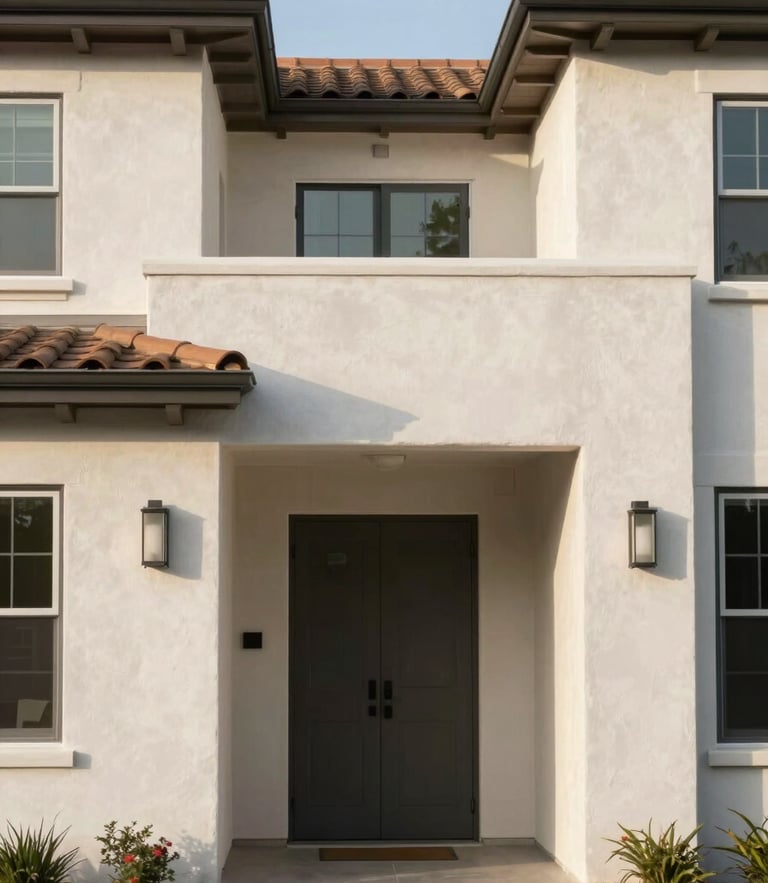 Straight-on architectural shot of a modern home exterior with clean stucco lines under soft afternoon Southern California sunlight, crisp focus