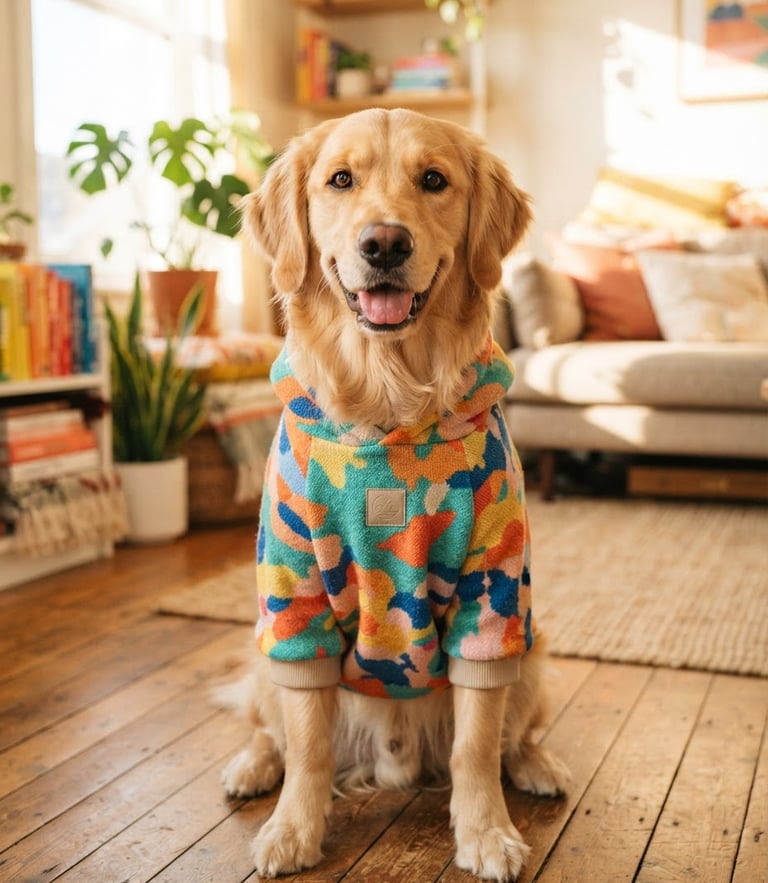 Retrato a nivel de ojos de un tierno perro vistiendo una sudadera colorida de diseño, sentado en una sala luminosa y alegre, luz natural cálida, estilo editorial.