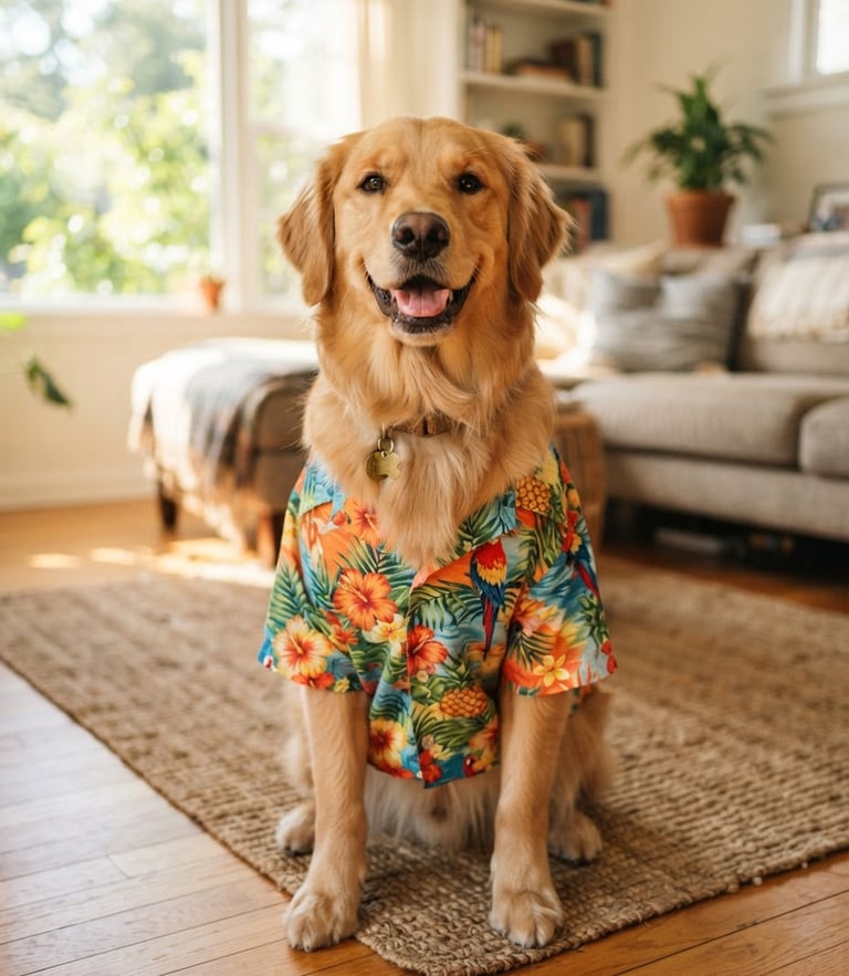Eye-level bright shot of a happy golden retriever wearing a colorful tropical shirt, sitting in a sunlit living room, warm daylight, shallow depth of field.