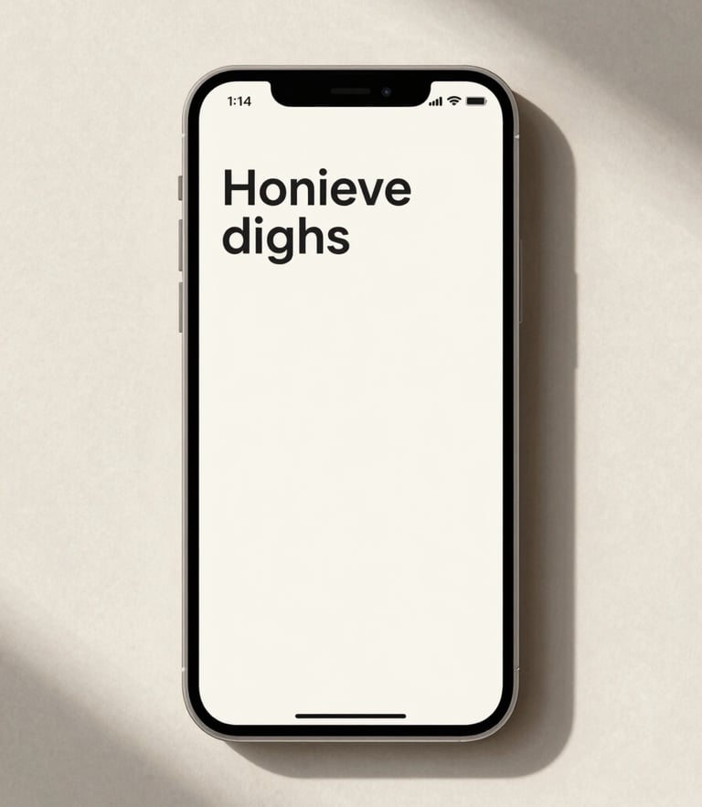 Front-on flat-lay screen capture of a minimalist mobile application prototype on a warm off-white device mockup, soft daylight shadows, clean typography and high-fidelity interface details.