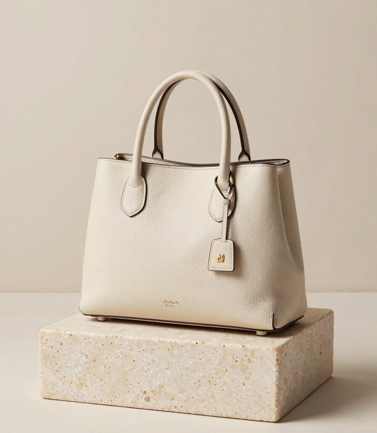 A structured cream leather handbag resting on a minimalist travertine stone block, bright high-key natural light, soft beige background, editorial 35mm photography