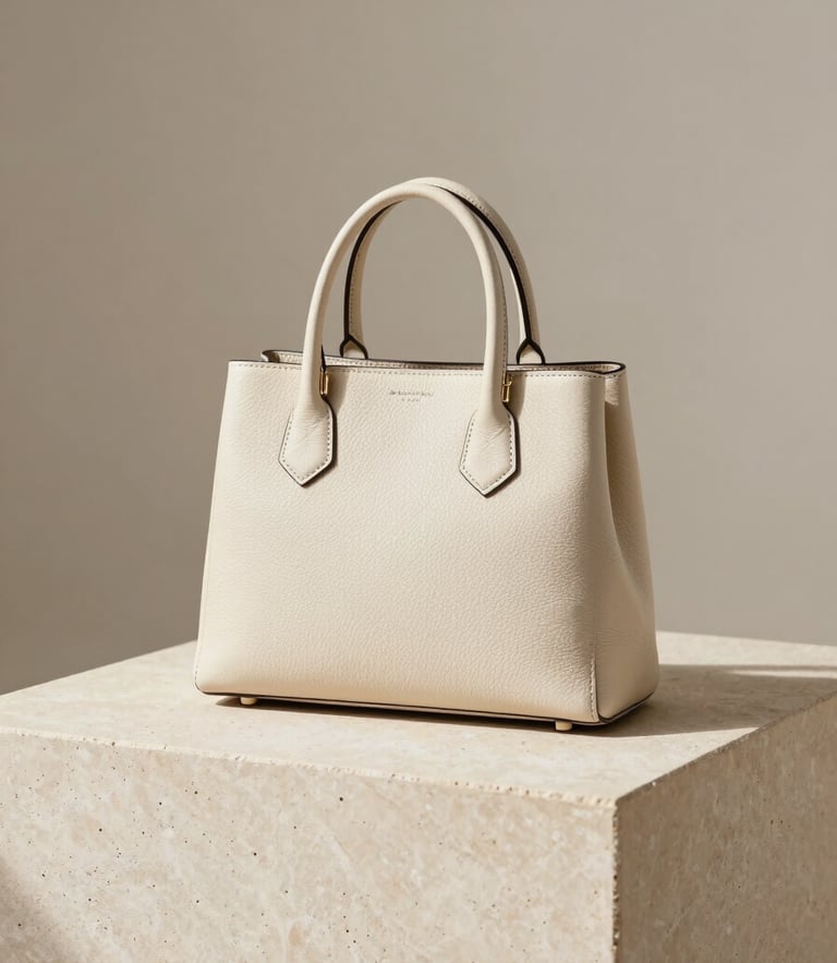 A structured cream leather handbag sitting on a minimalist beige stone plinth, soft natural daylight casting gentle shadows, 35mm editorial style.