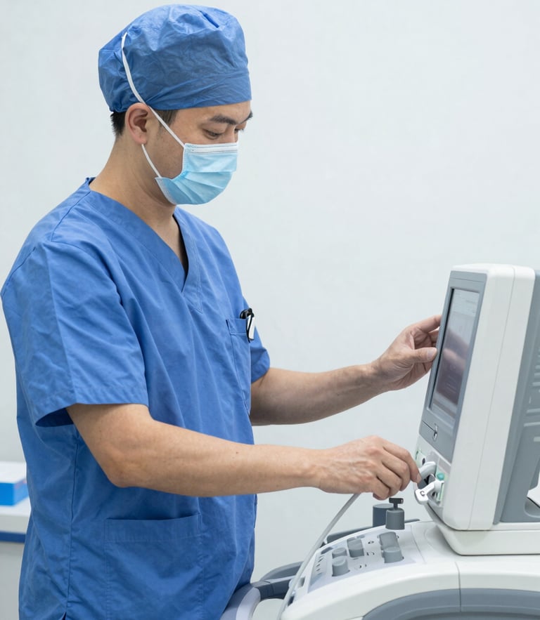 A professional healthcare worker in clean blue scrubs adjusting a medical device, bright natural daylight, clean high-contrast tones, sharp focus, 35mm
