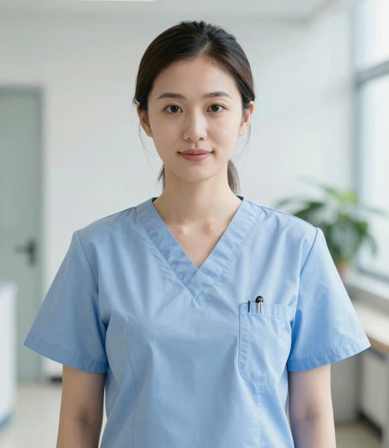 Crisp editorial portrait of a healthcare worker in clean scrubs, bright indoor lighting, professional environmental portrait, 35mm