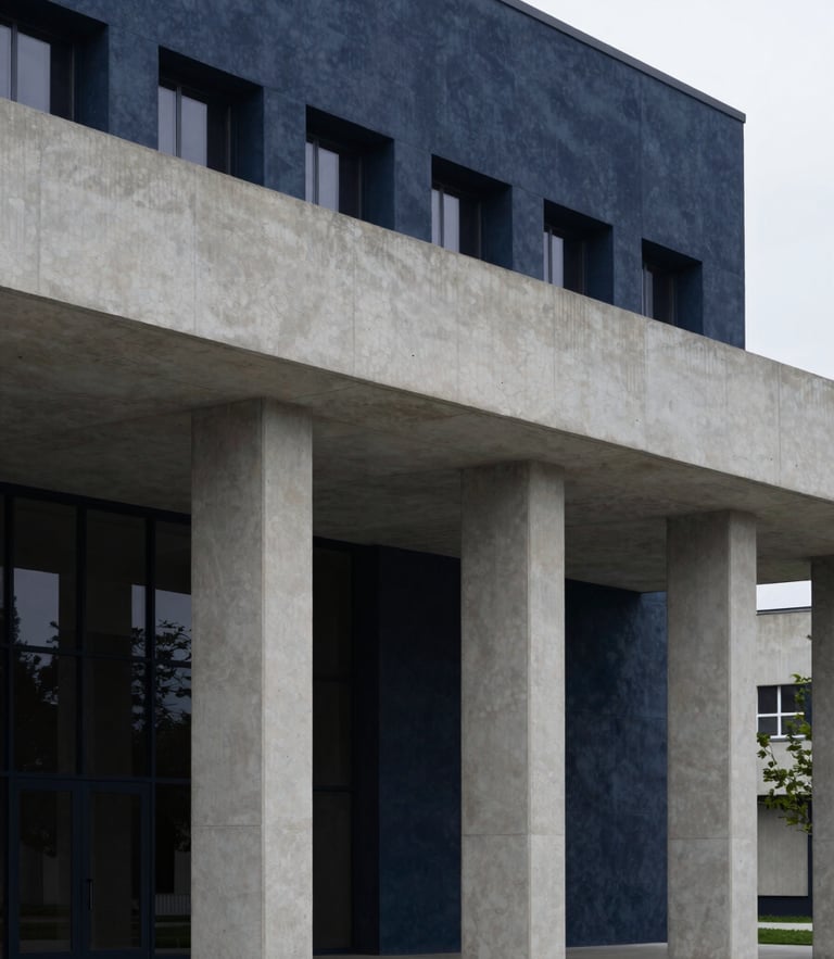 Sober architectural photography of a modern courthouse facade, clean concrete lines, soft diffused daylight, deep navy tones, sharp focus.